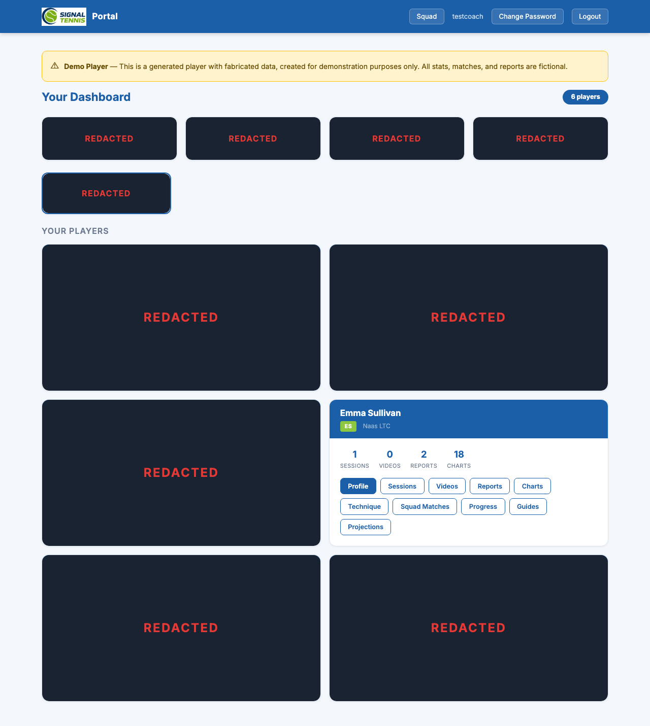 Portal dashboard showing player cards with session, video, report, and chart counts