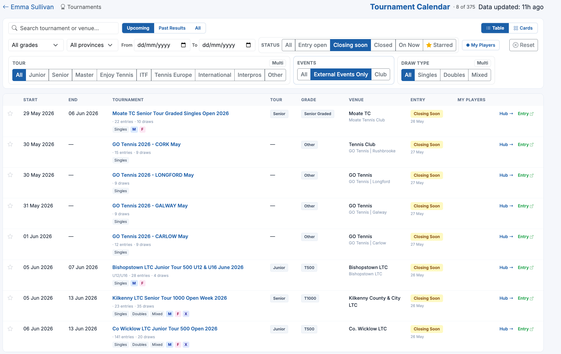 Tournament calendar filtered to closing soon entries