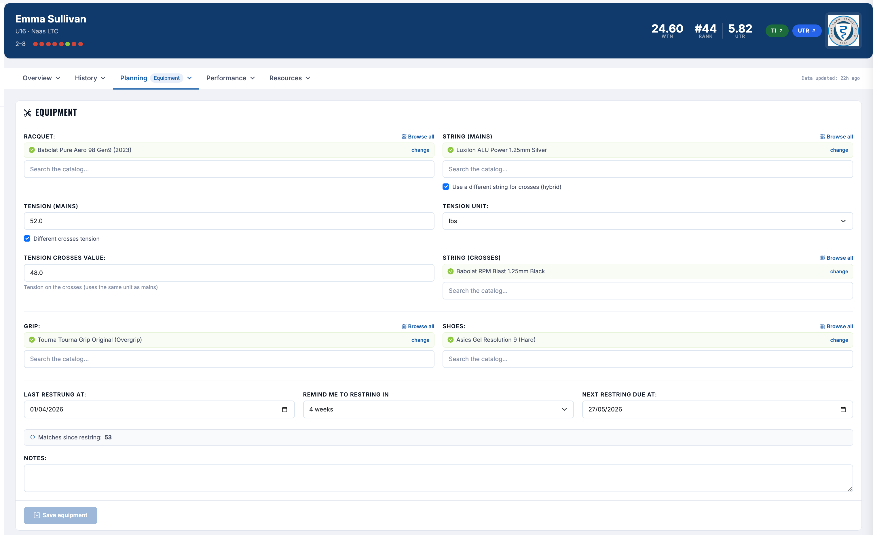 Equipment tracker showing racquet, main and cross strings with tensions, grip, shoes, and restringing schedule