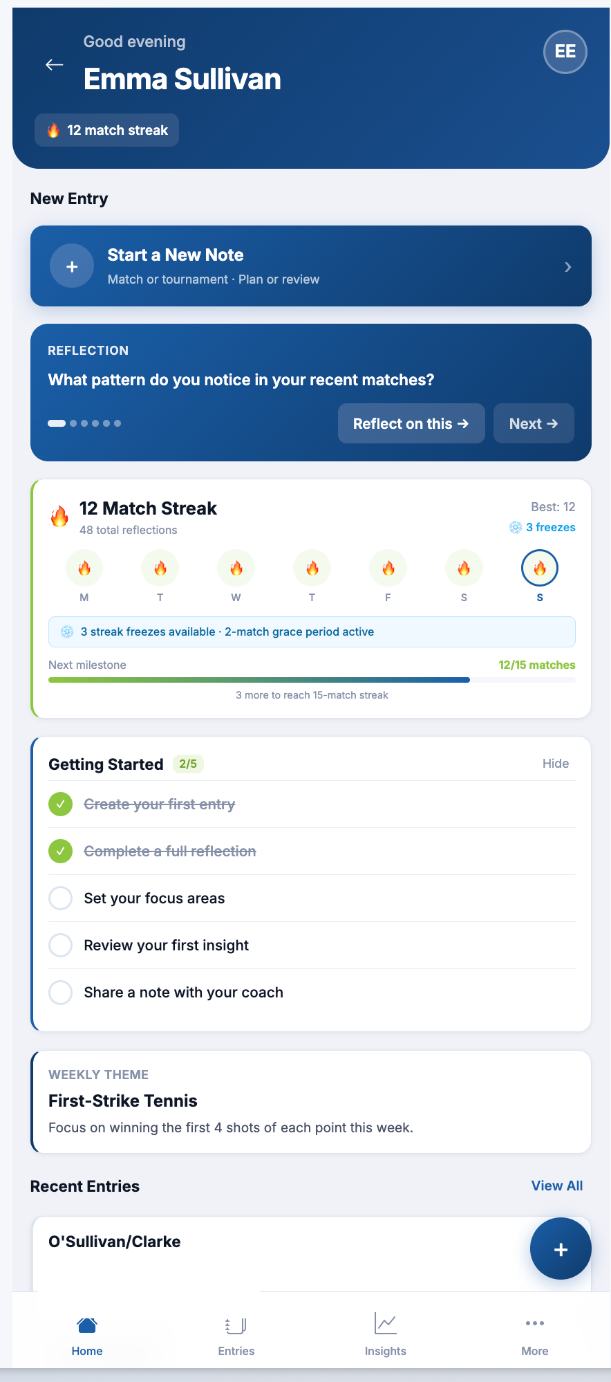 Journal home showing match streak, reflection prompts, and weekly theme