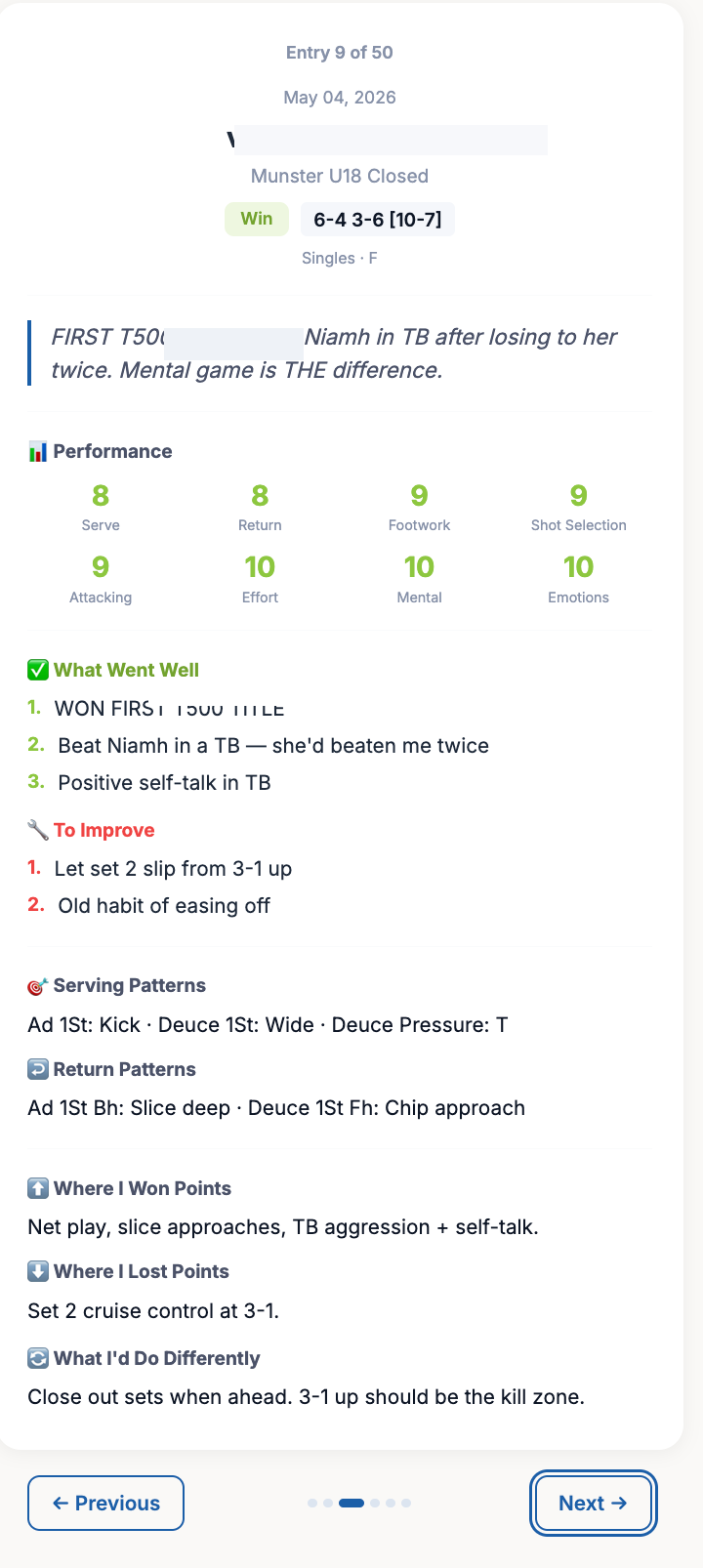 Match entry with performance ratings and serving patterns