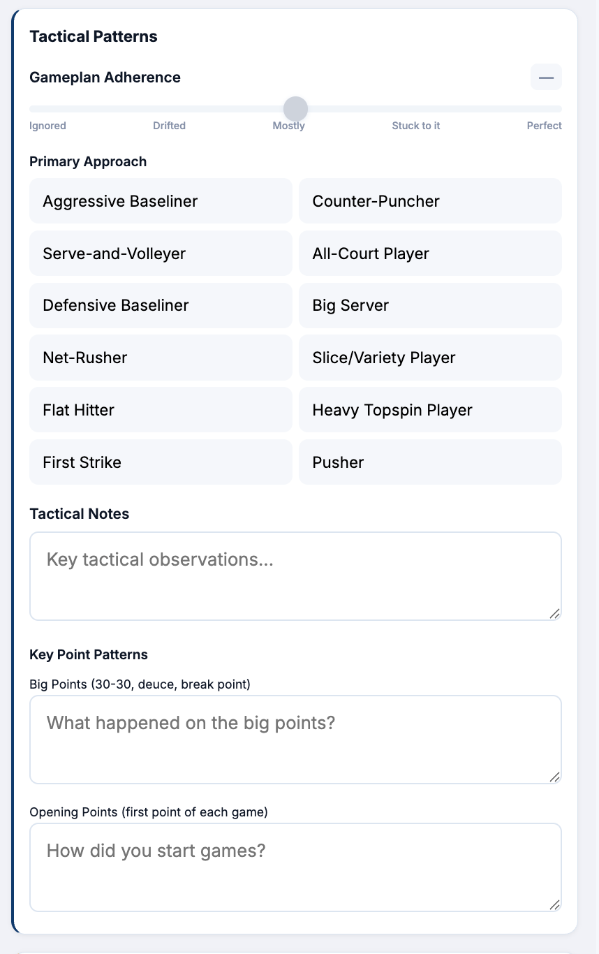Tactical patterns with gameplan adherence and key point patterns