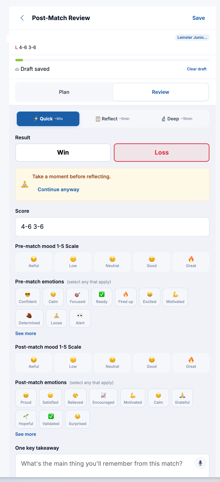 Post-match review wizard with quick, reflect, and deep modes