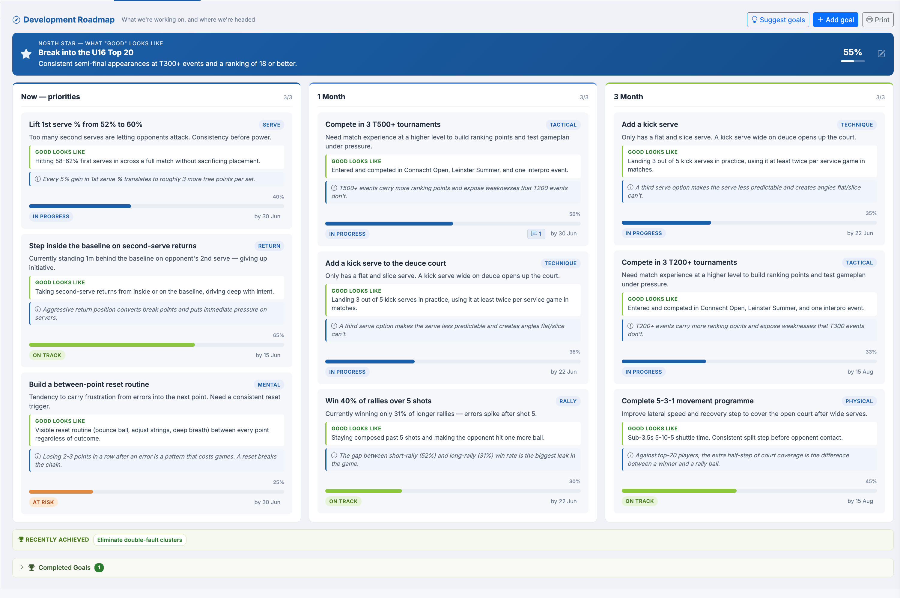 Development roadmap showing goals in Now, 1 Month, and 3 Month columns with progress badges and cross-links