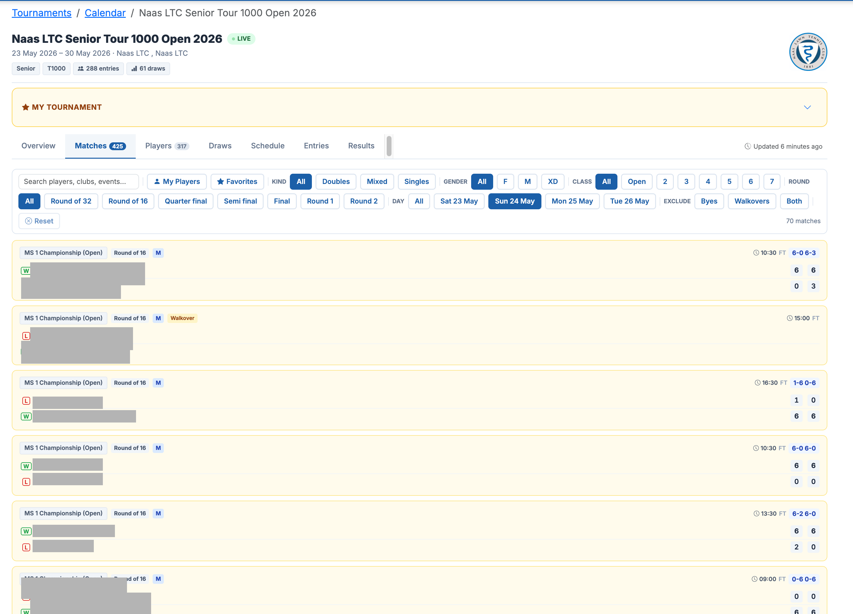Tournament hub matches tab showing round-by-round results with filters for kind, gender, class, round, and day