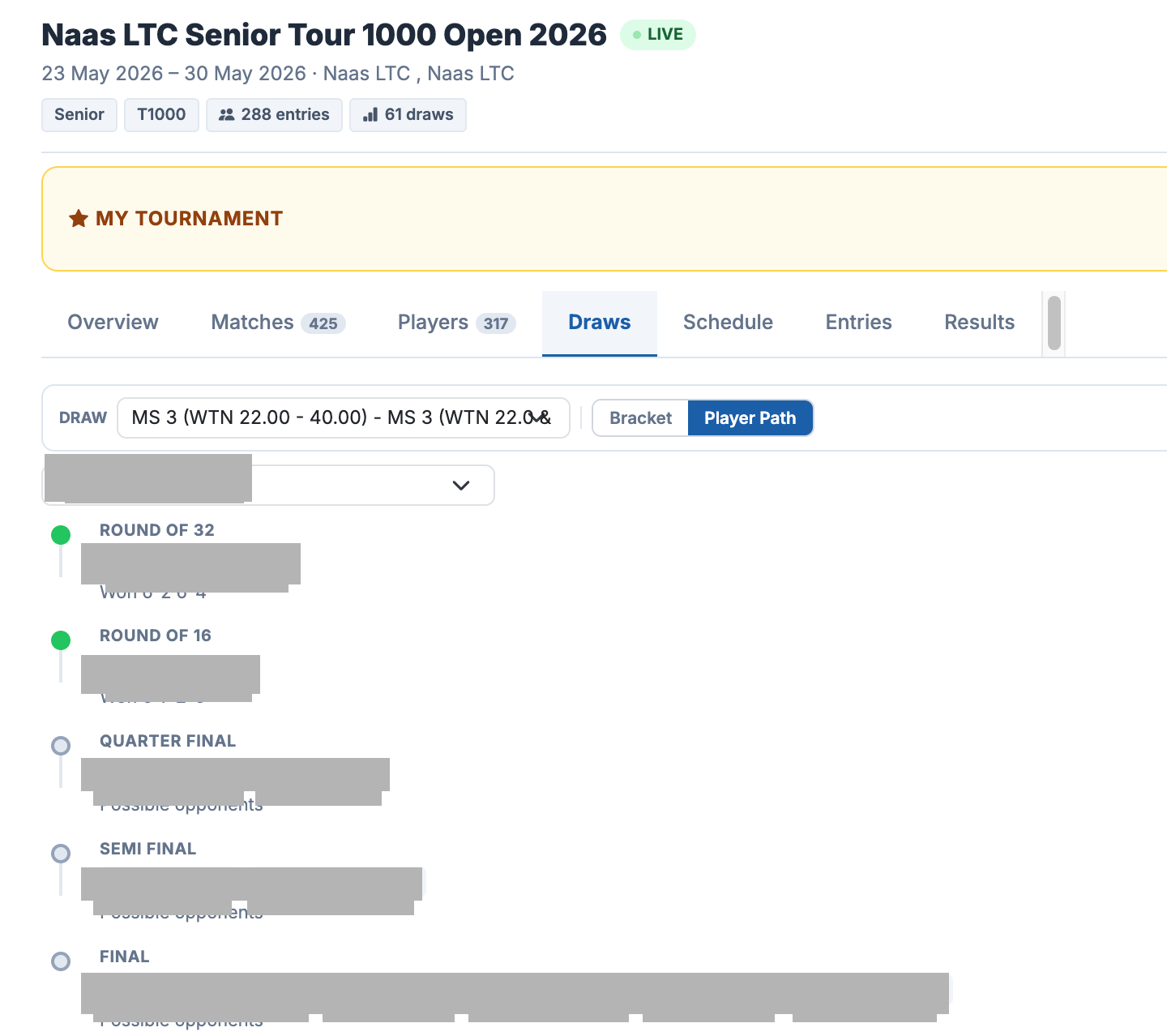 Tournament draws player path view showing progression from Round of 32 through to the Final with possible opponents