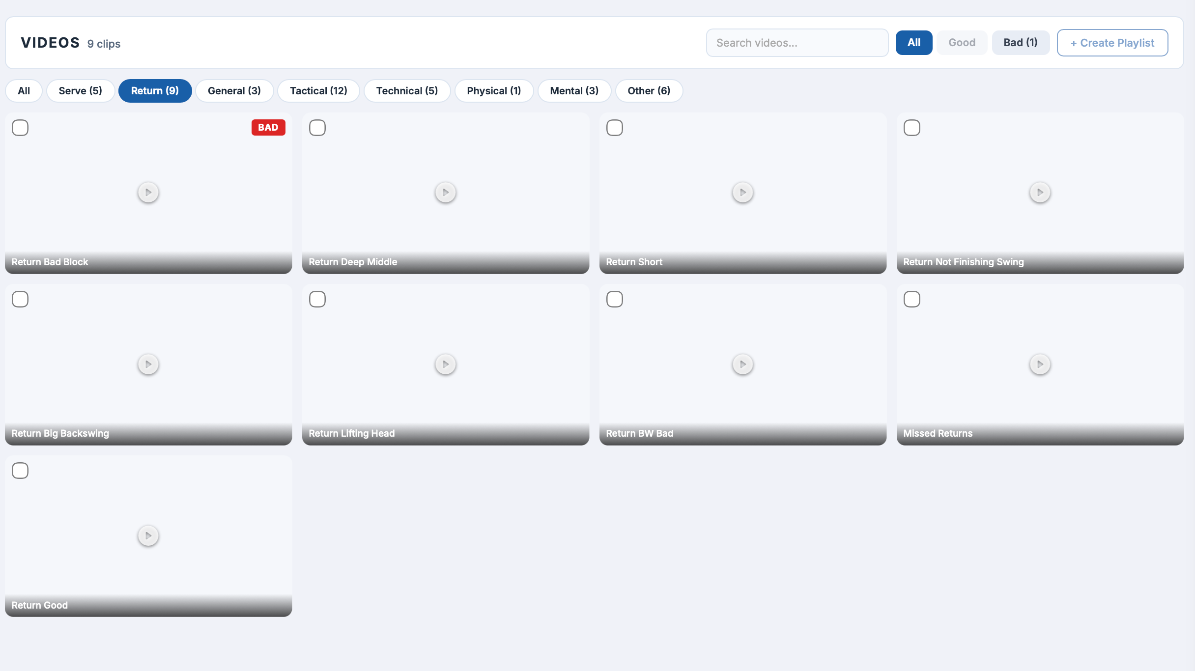Video library showing clips organised by category with search, quality tags, and playlist creation